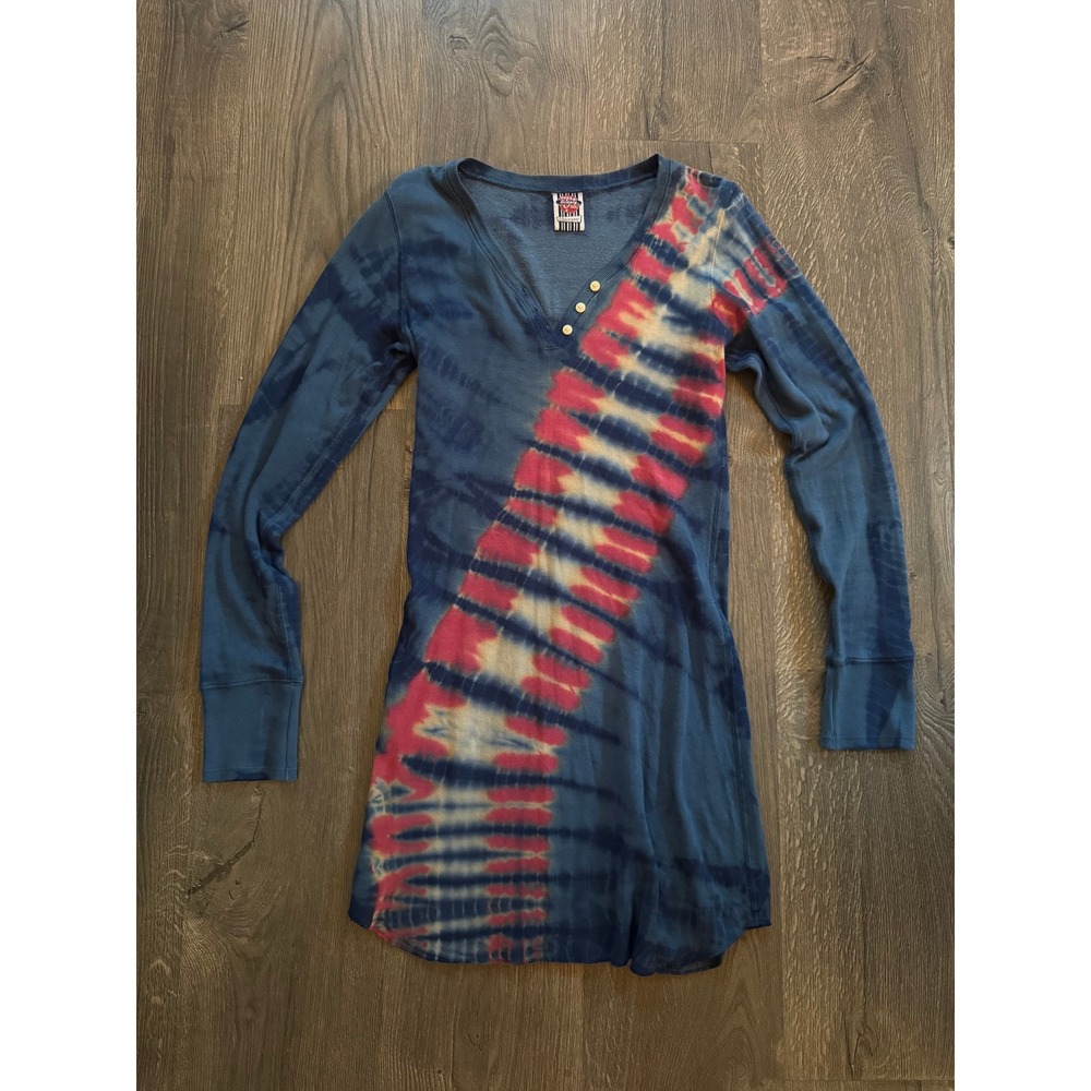 Scanty Tie Dye Henley Nightshirt Gown S Blue Red Long Sleeve Pajamas Excellent